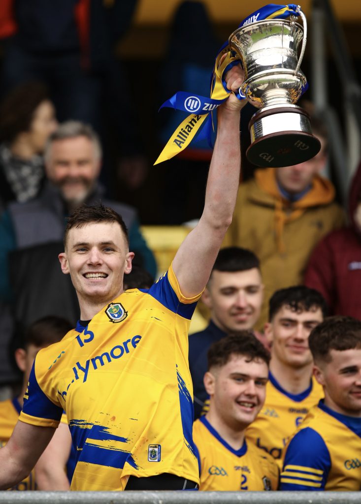 1 April 2023; Roscommon captain Brendan Mulry lifts the trophy after the Allianz Hurling League Division 3A Final match between Roscommon and Armagh at Páirc Tailteann in Navan, Meath. Photo by Michael P Ryan/Sportsfile